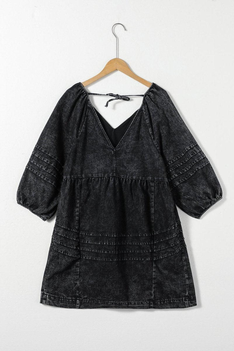 V - Neck Three Quarter Sleeve Denim Dress - S. M. & Co.