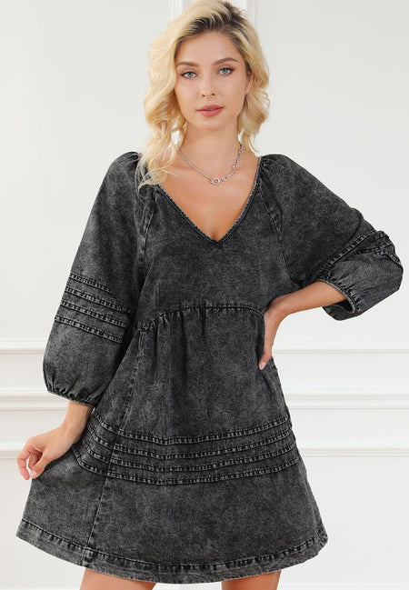 V - Neck Three Quarter Sleeve Denim Dress - S. M. & Co.