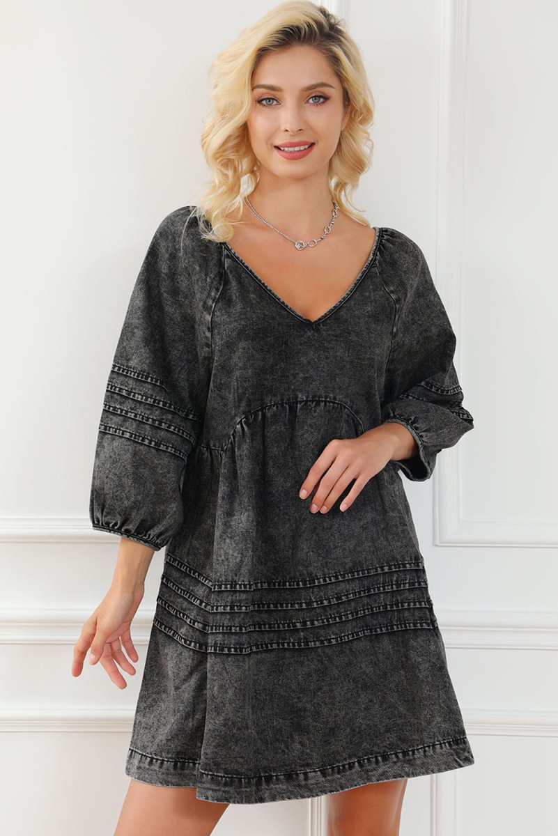 V - Neck Three Quarter Sleeve Denim Dress - S. M. & Co.