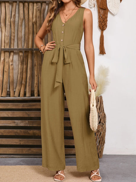 V - Neck Tie Waist Jumpsuit - S. M. & Co.