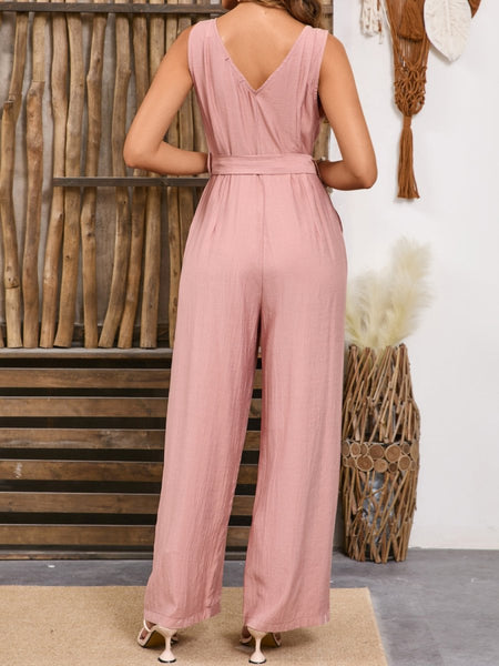 V - Neck Tie Waist Jumpsuit - S. M. & Co.