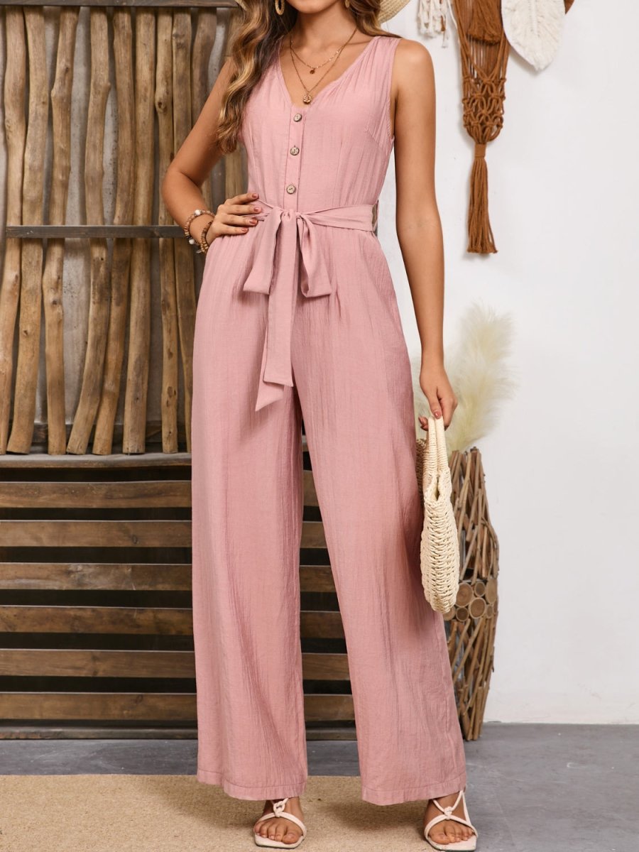 V - Neck Tie Waist Jumpsuit - S. M. & Co.