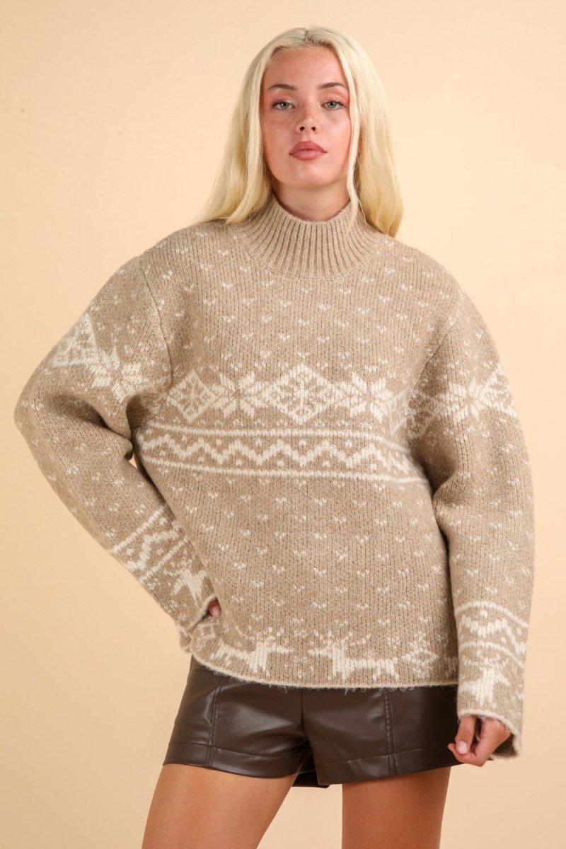 VERY J Christmas Element Mock Neck Long Sleeve Sweater - S. M. & Co.