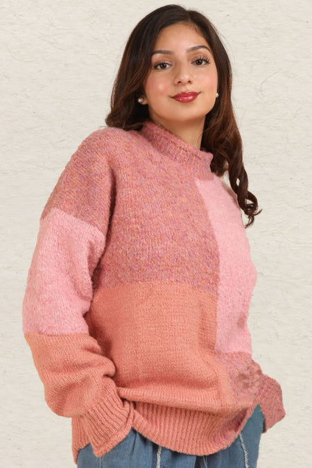 VERY J Color Block Mock Neck Drop Shoulder Sweater - S. M. & Co.