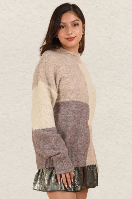 VERY J Color Block Mock Neck Drop Shoulder Sweater - S. M. & Co.