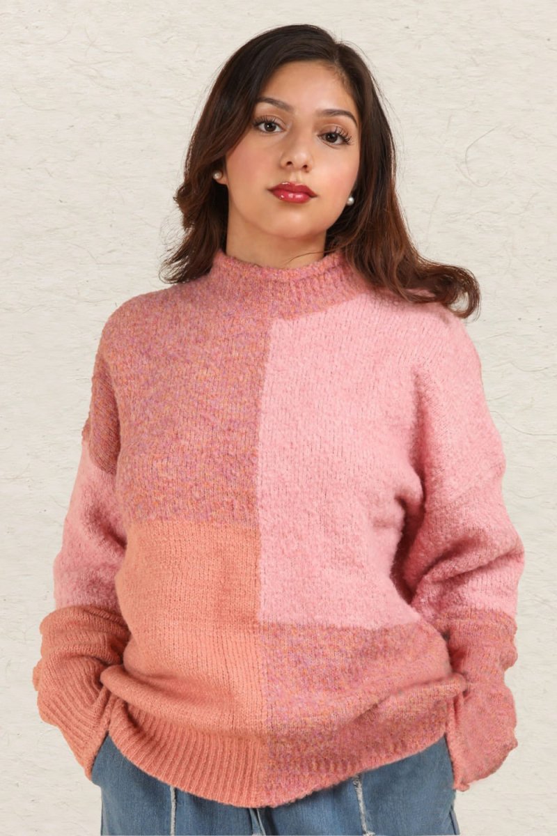 VERY J Color Block Mock Neck Drop Shoulder Sweater - S. M. & Co.