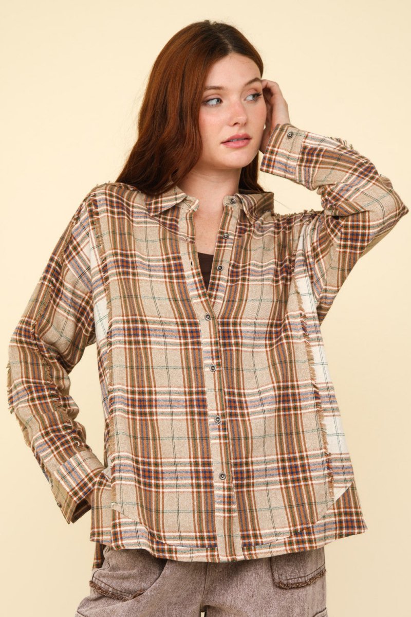 VERY J Contrast Plaid Raw Detail Shirt - S. M. & Co.