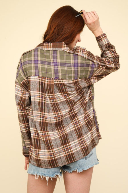 VERY J Contrast Plaid Raw Detail Shirt - S. M. & Co.