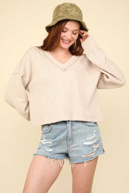 VERY J Exposed Seam V - Neck Ribbed Knit Top - S. M. & Co.