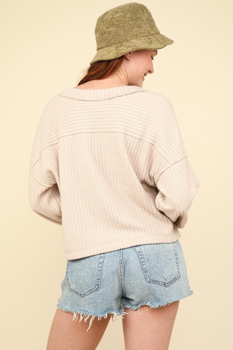 VERY J Exposed Seam V - Neck Ribbed Knit Top - S. M. & Co.