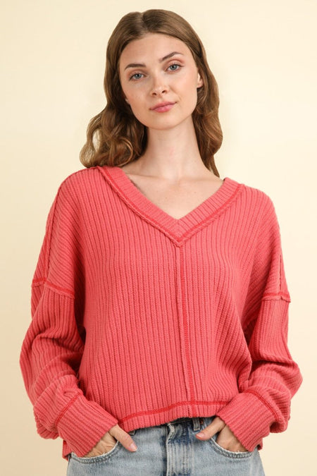 VERY J Exposed Seam V - Neck Ribbed Knit Top - S. M. & Co.