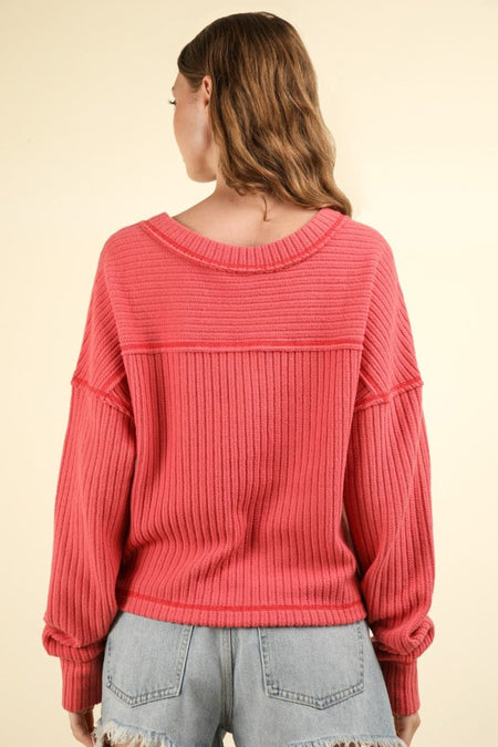 VERY J Exposed Seam V - Neck Ribbed Knit Top - S. M. & Co.