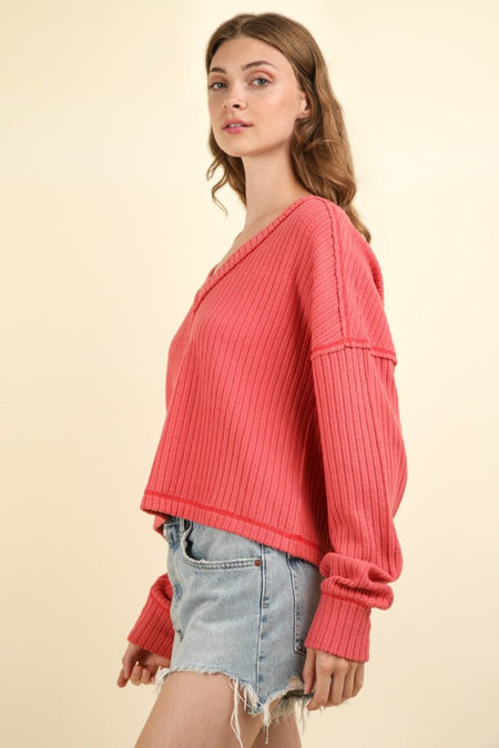 VERY J Exposed Seam V - Neck Ribbed Knit Top - S. M. & Co.