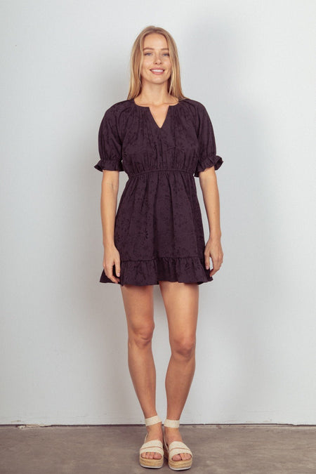 VERY J Floral Textured Woven Ruffled Mini Dress - S. M. & Co. Dresses/Mini Dresses