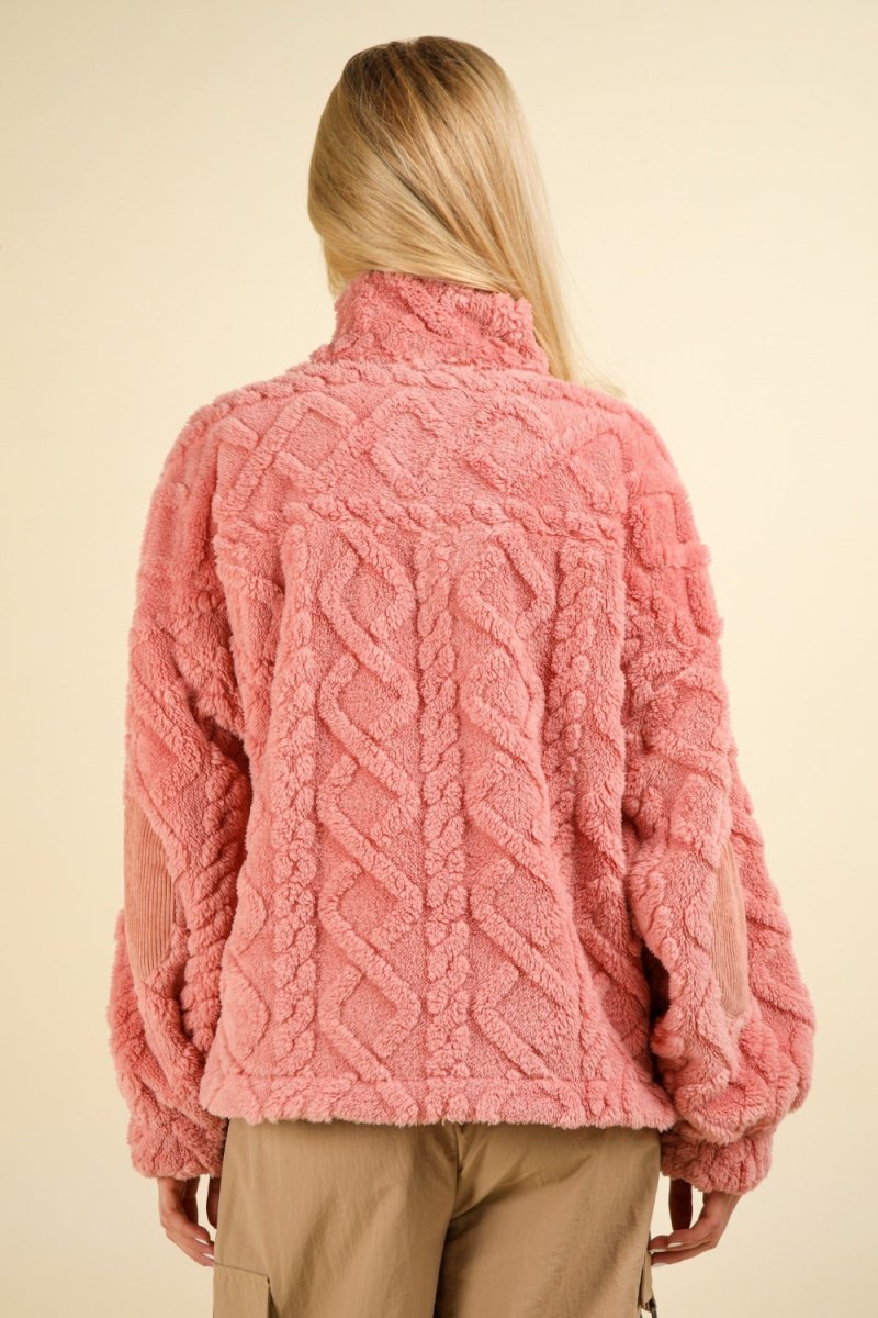 VERY J Fuzzy Fleece Half Zip Cable Pattern Sweatshirt - S. M. & Co.