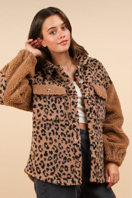 VERY J Fuzzy Leopard Button Down Long Sleeve Jacket - S. M. & Co.