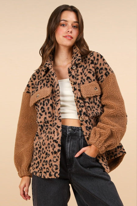 VERY J Fuzzy Leopard Button Down Long Sleeve Jacket - S. M. & Co.