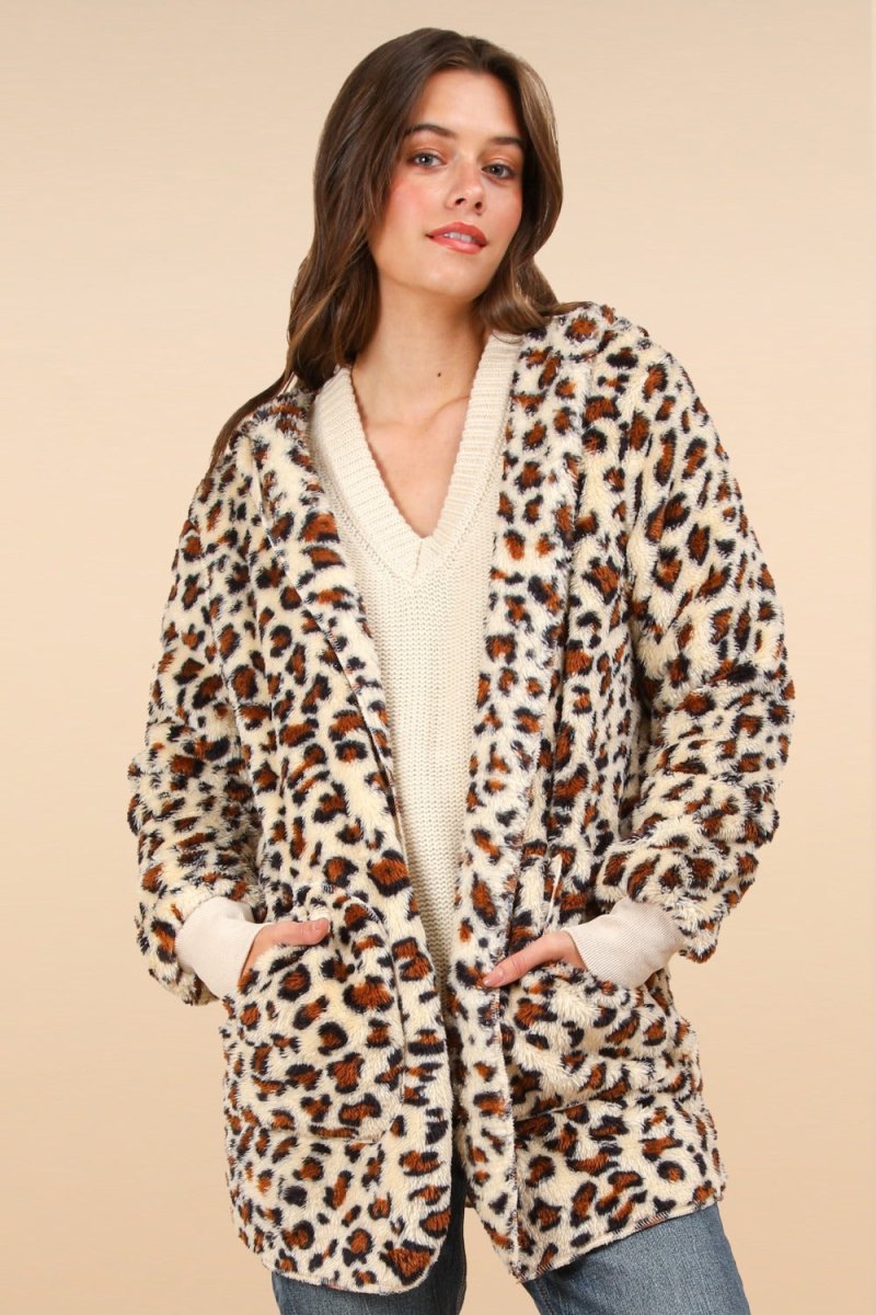 VERY J Fuzzy Leopard Long Sleeve Hooded Jacket - S. M. & Co.