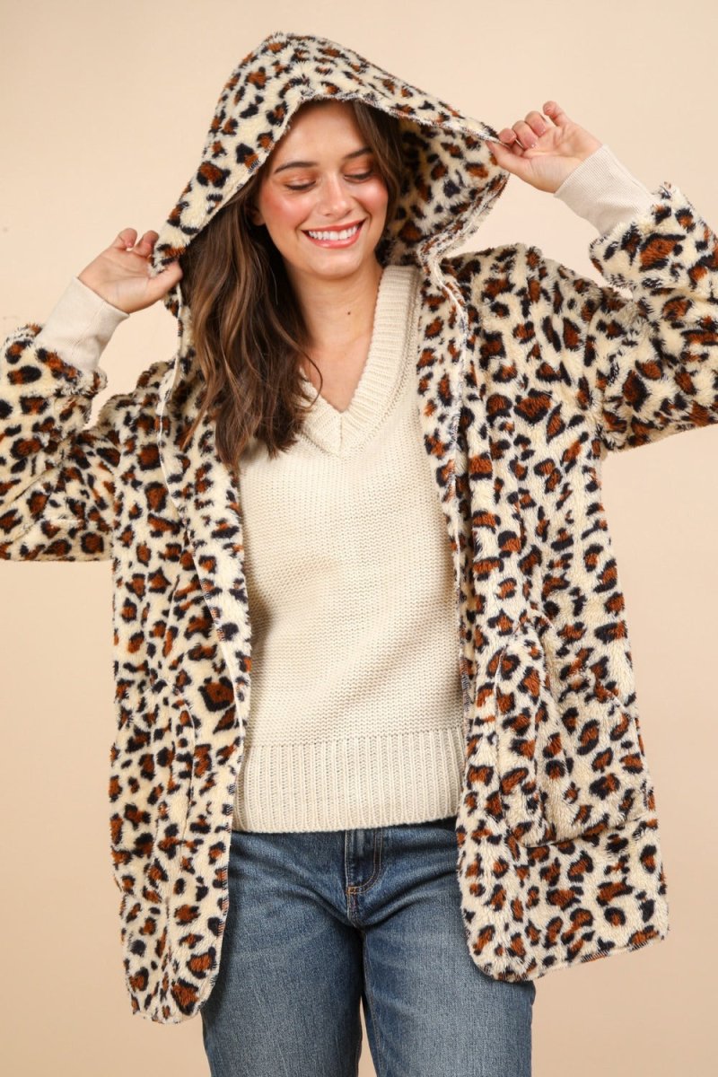 VERY J Fuzzy Leopard Long Sleeve Hooded Jacket - S. M. & Co.