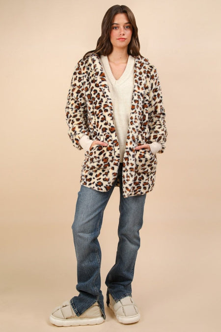 VERY J Fuzzy Leopard Long Sleeve Hooded Jacket - S. M. & Co.