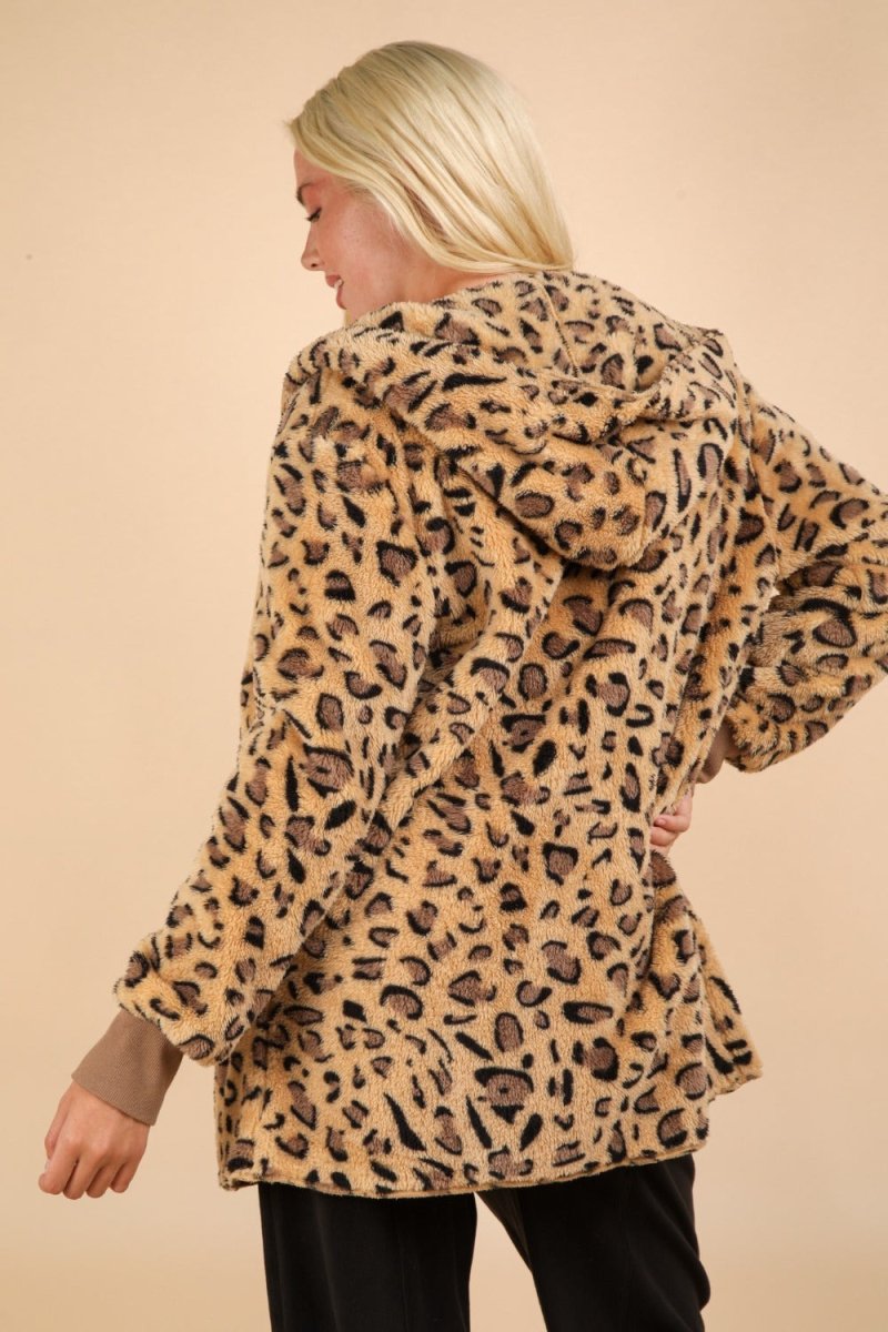 VERY J Fuzzy Leopard Long Sleeve Hooded Jacket - S. M. & Co.