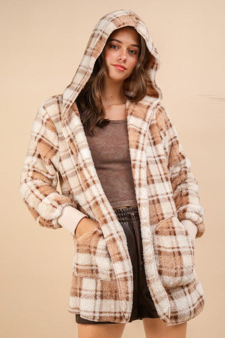 VERY J Fuzzy Plaid Long Sleeve Hooded Jacket - S. M. & Co.