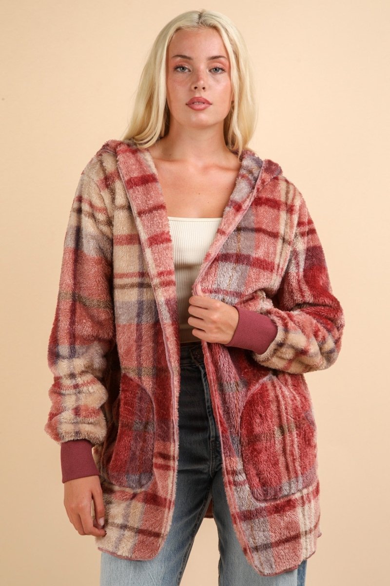 VERY J Fuzzy Plaid Long Sleeve Hooded Jacket - S. M. & Co.