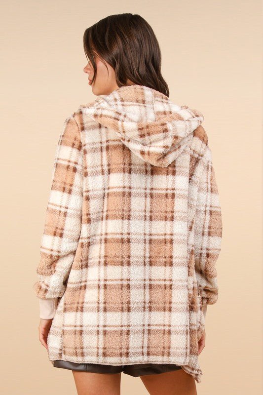 VERY J Fuzzy Plaid Long Sleeve Hooded Jacket - S. M. & Co.