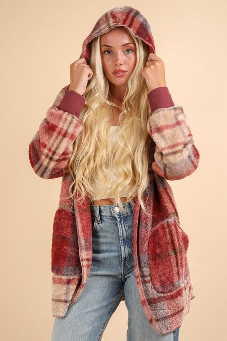 VERY J Fuzzy Plaid Long Sleeve Hooded Jacket - S. M. & Co.