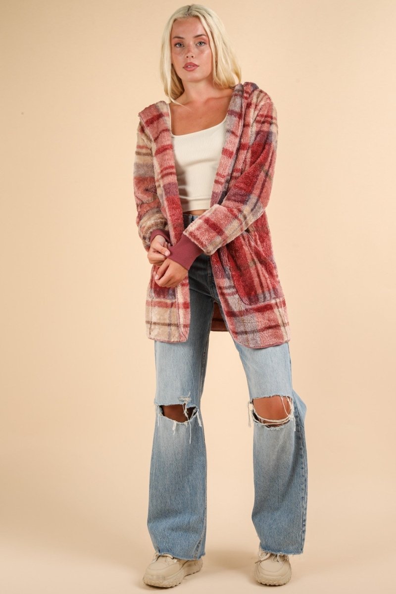 VERY J Fuzzy Plaid Long Sleeve Hooded Jacket - S. M. & Co.