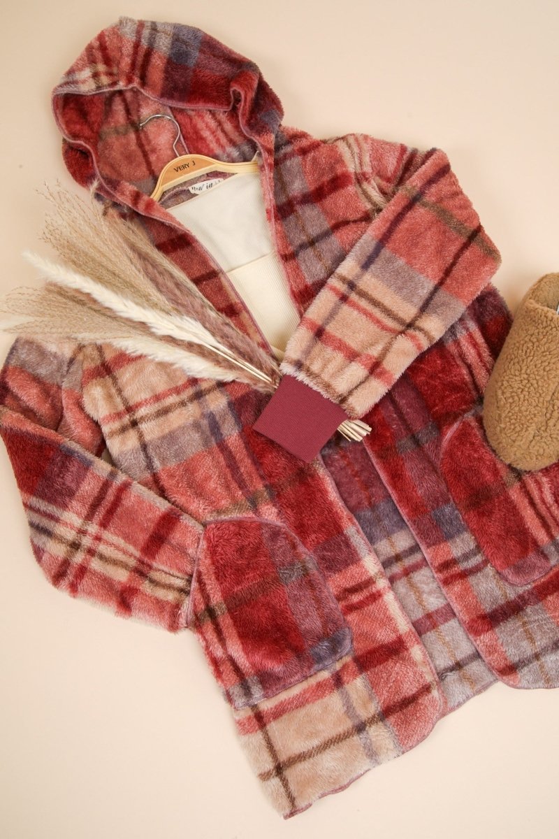 VERY J Fuzzy Plaid Long Sleeve Hooded Jacket - S. M. & Co.