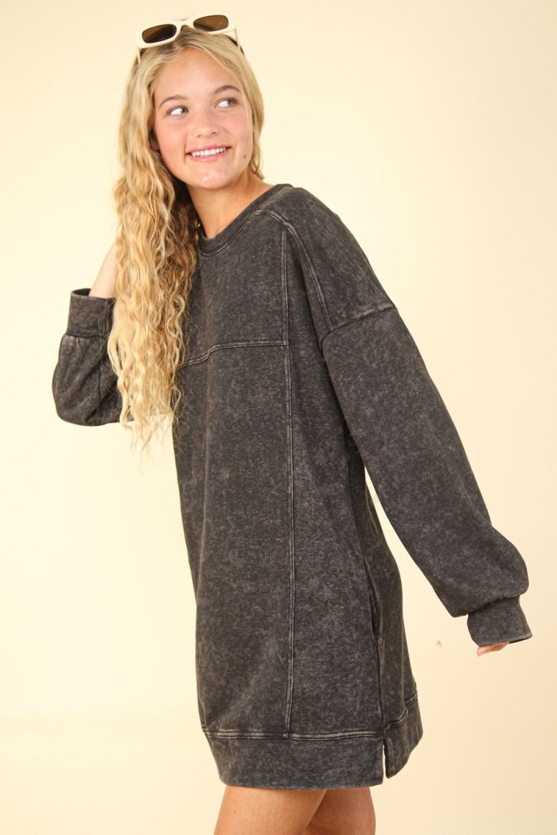 VERY J Mineral Washed Oversized Sweatshirt Mini Dress - S. M. & Co.