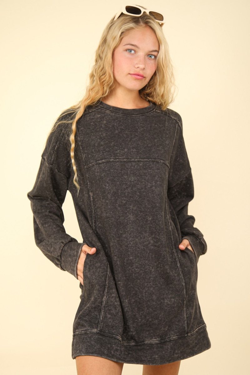 VERY J Mineral Washed Oversized Sweatshirt Mini Dress - S. M. & Co.