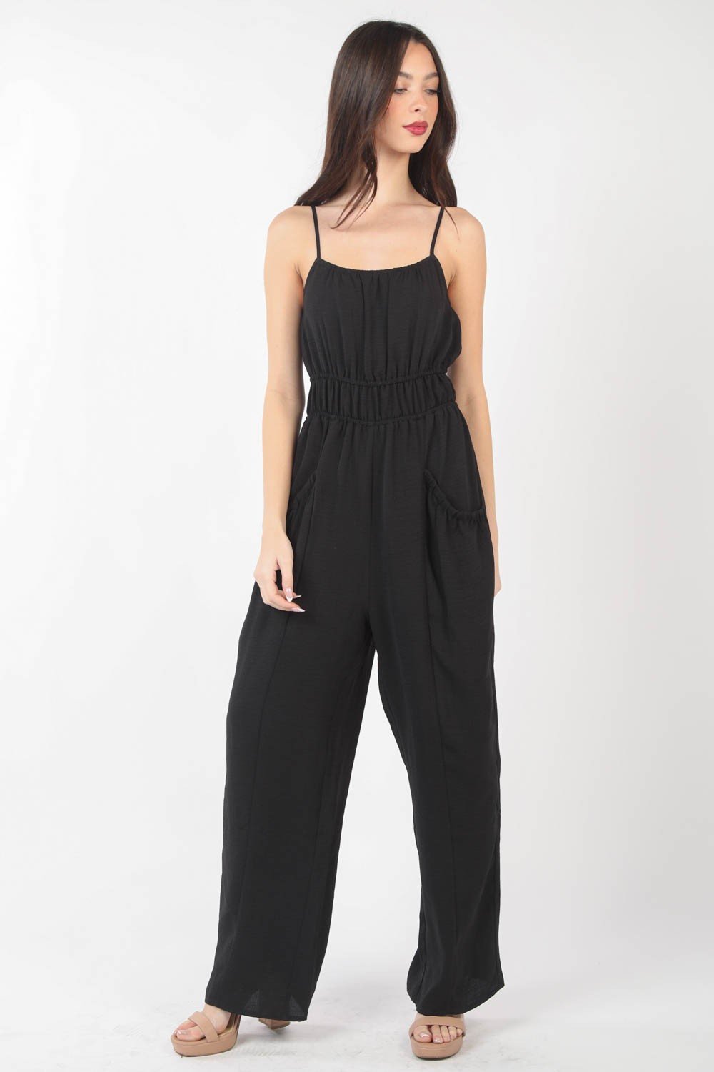 VERY J Pintuck Detail Woven Sleeveless Jumpsuit - S. M. & Co. Jumpsuit