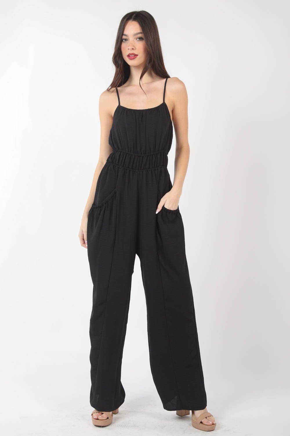 VERY J Pintuck Detail Woven Sleeveless Jumpsuit - S. M. & Co. Jumpsuit