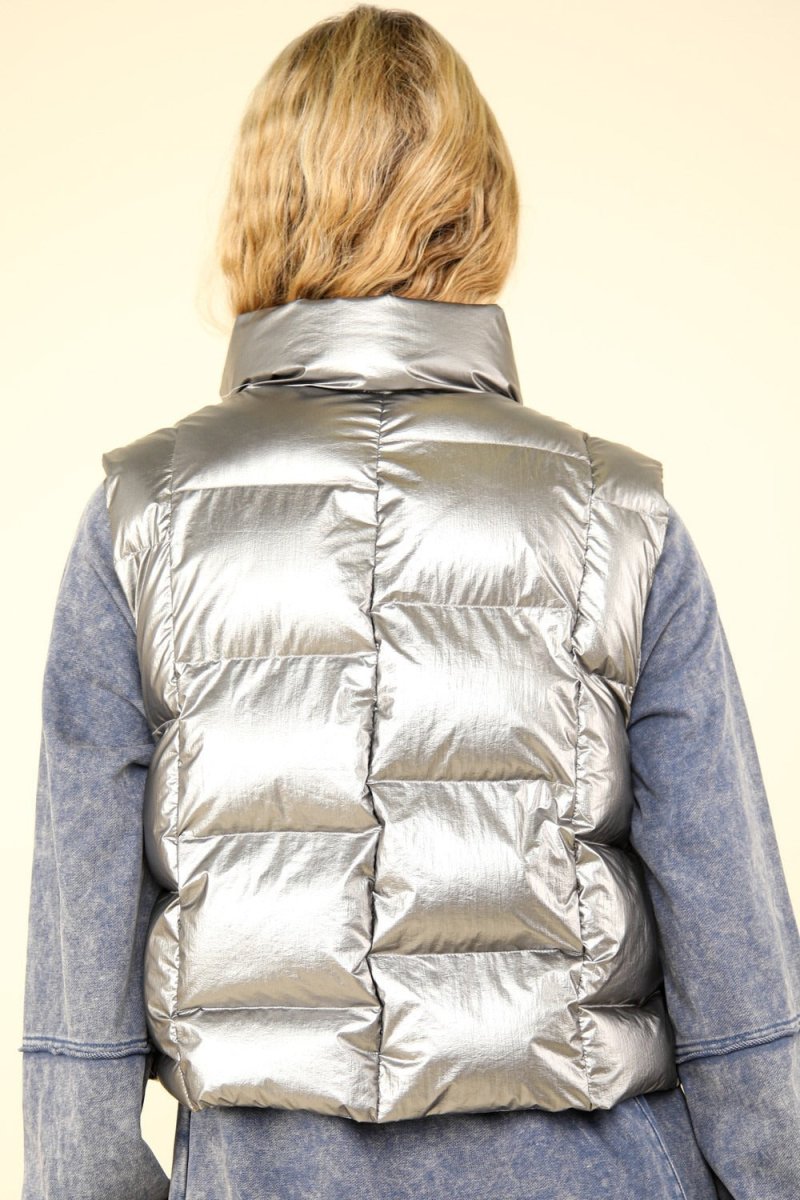 VERY J Shiny Metallic Zip Up Puffer Vest - S. M. & Co.