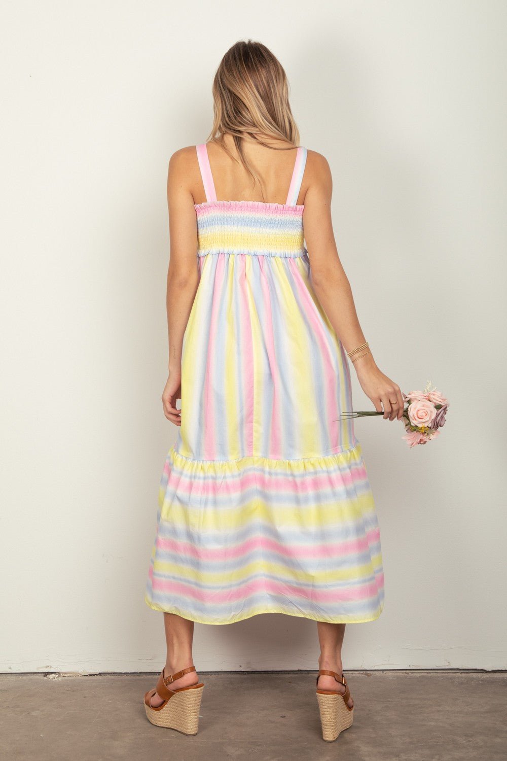 VERY J Striped Woven Smocked Midi Cami Dress - S. M. & Co.