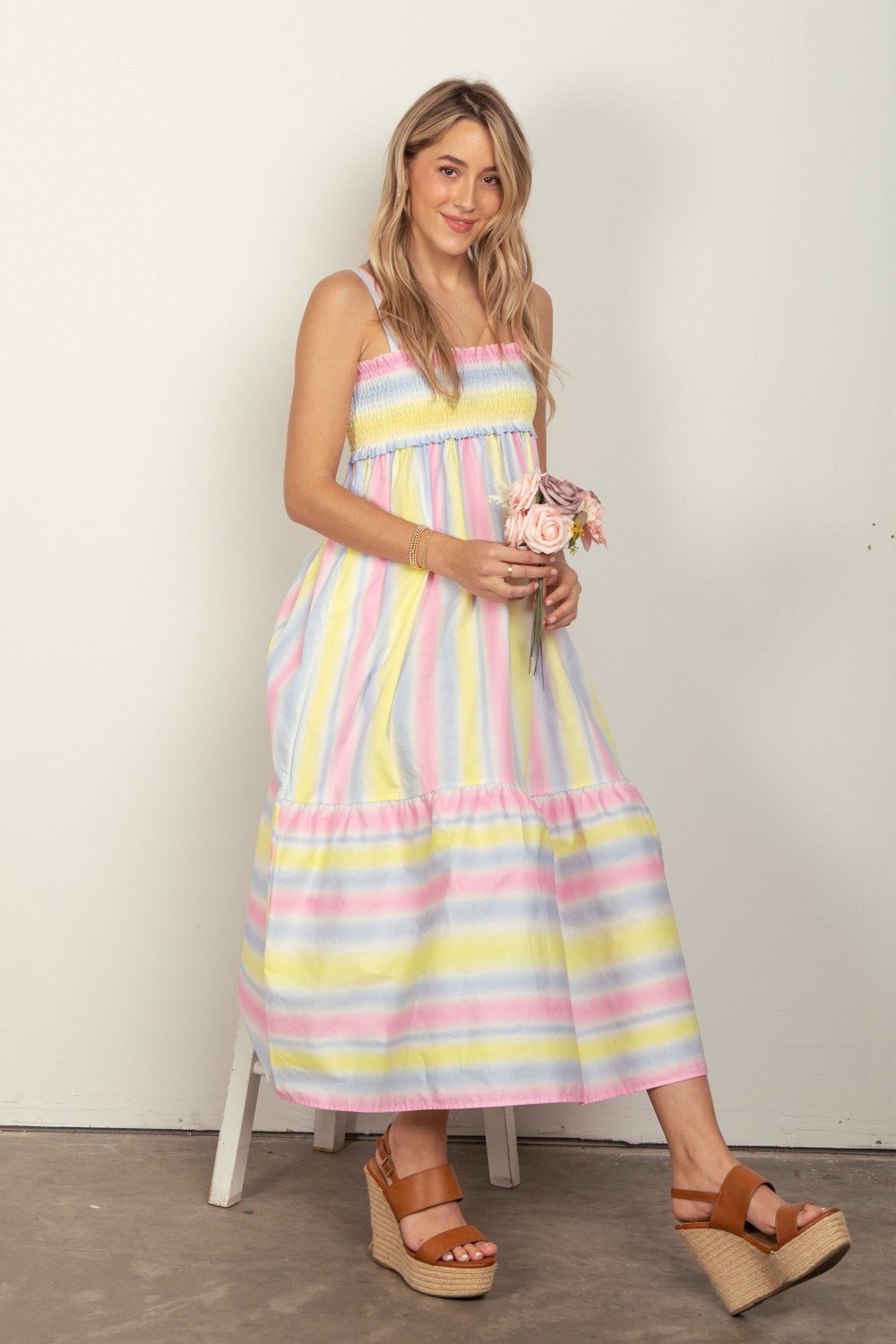 VERY J Striped Woven Smocked Midi Cami Dress - S. M. & Co.