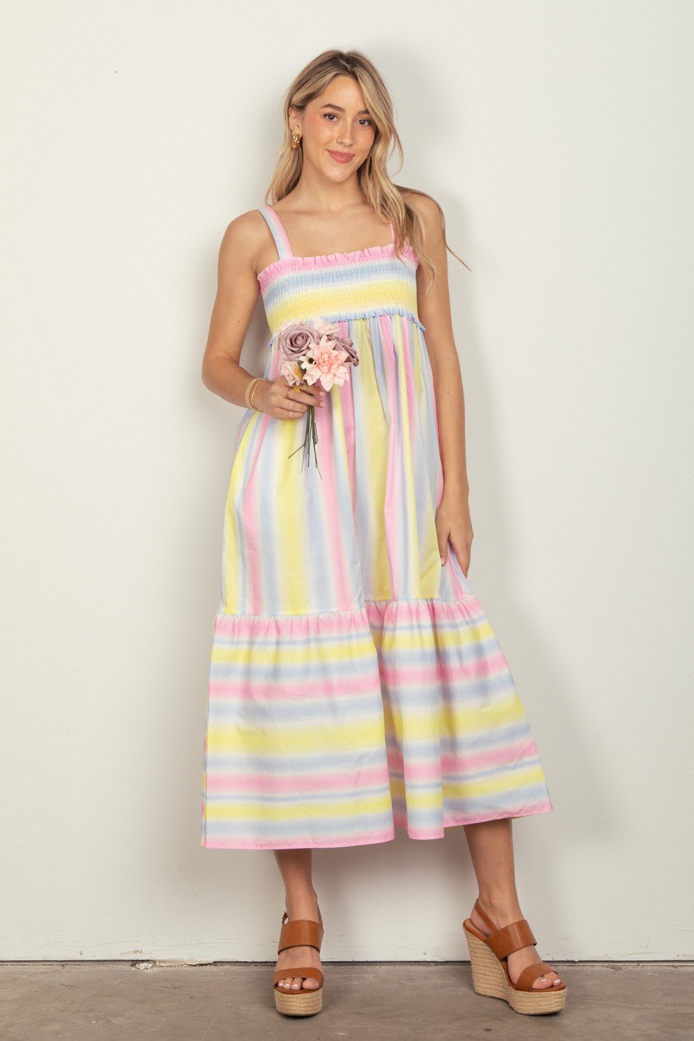 VERY J Striped Woven Smocked Midi Cami Dress - S. M. & Co.