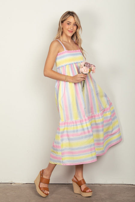 VERY J Striped Woven Smocked Midi Cami Dress - S. M. & Co.