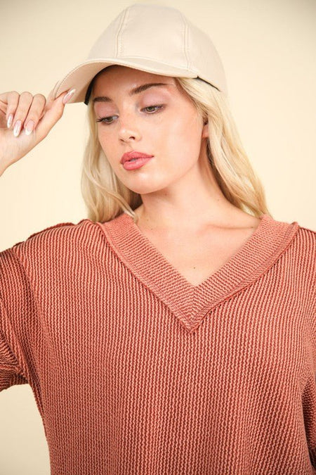 VERY J Two Tone Ribbed V - Neck Exposed Seam Top - S. M. & Co.