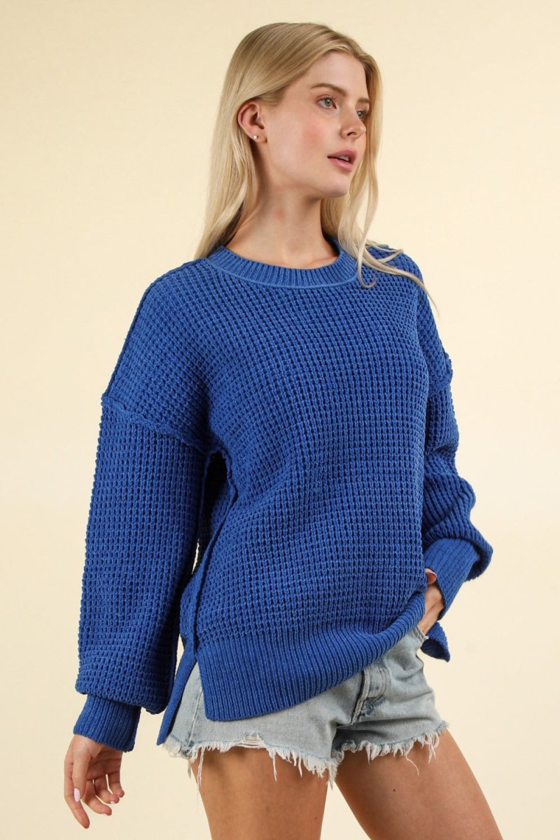 VERY J Waffle - Knit Exposed Seam Round Neck Sweater - S. M. & Co.