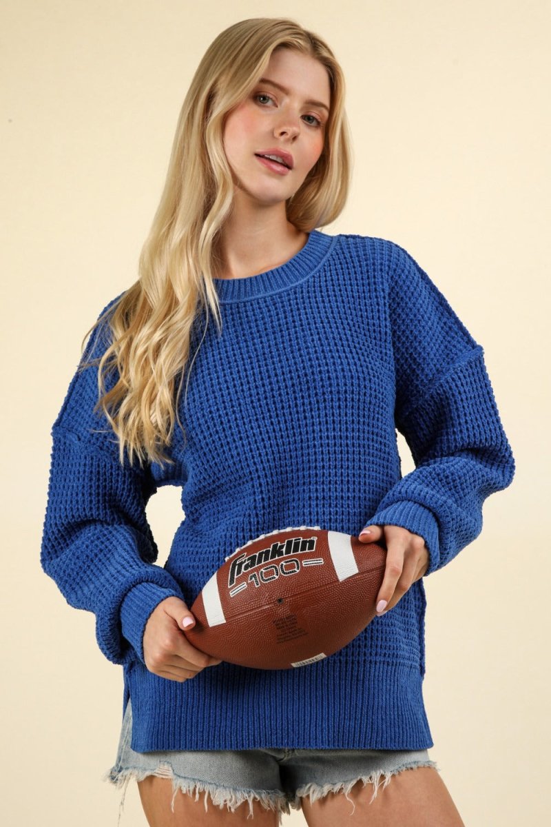 VERY J Waffle - Knit Exposed Seam Round Neck Sweater - S. M. & Co.