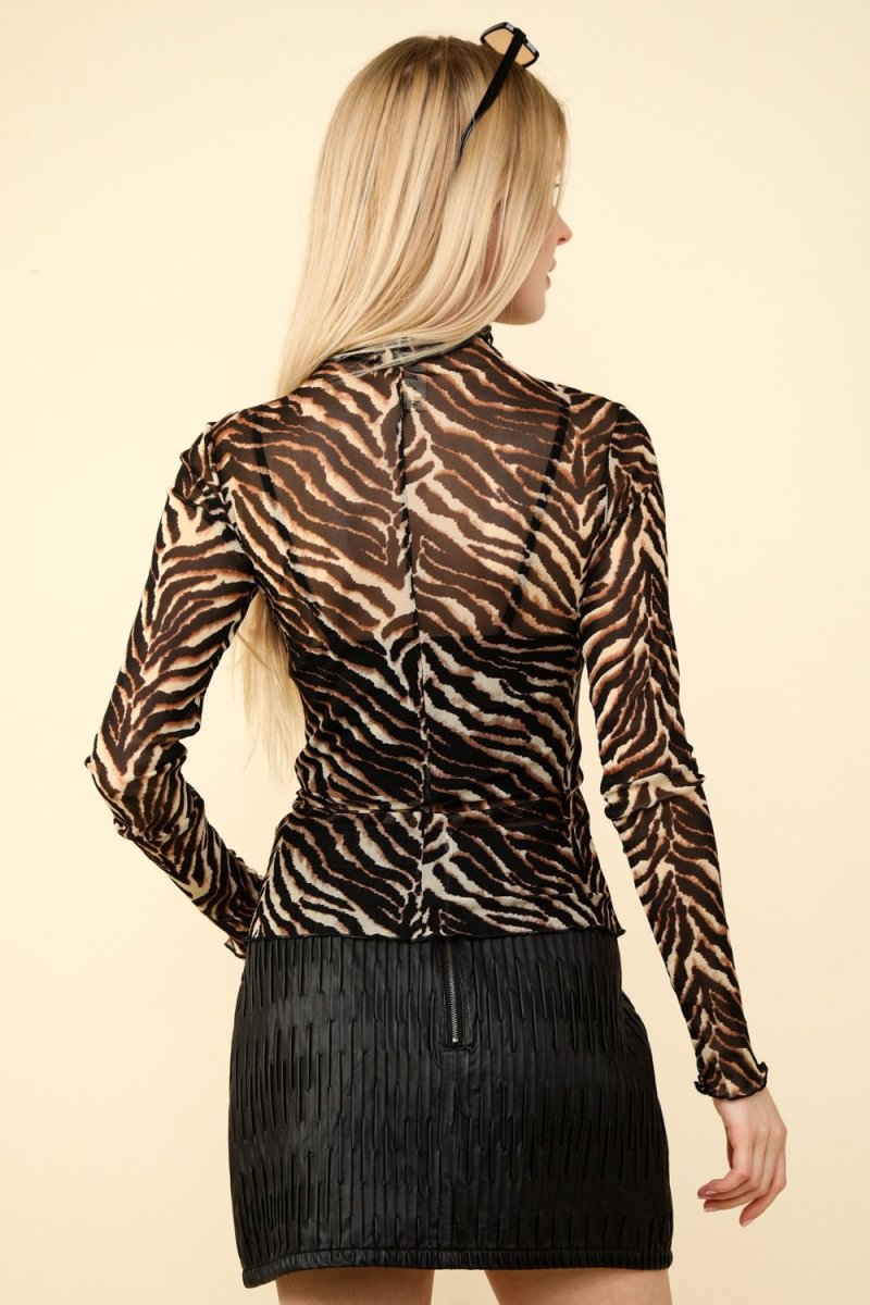 VERY J Zebra Print Mock Neck Sheer Mesh Blouse - S. M. & Co.