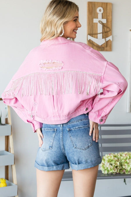 Veveret Fringe Distressed Button Up Denim Jacket - S. M. & Co. Denim Jacket