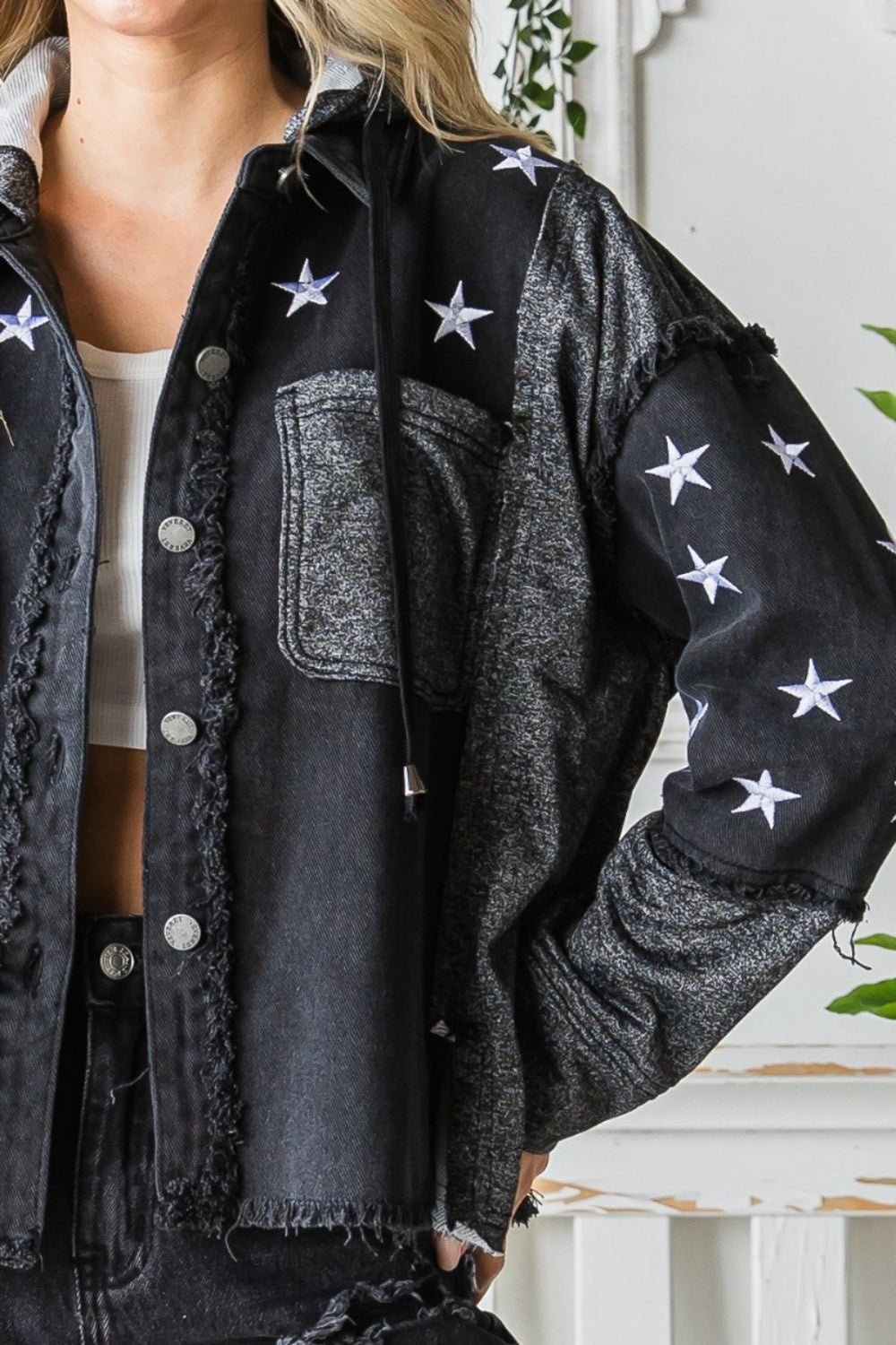 Veveret Star Embroidered Hooded Denim Jacket - S. M. & Co. Denim Jacket