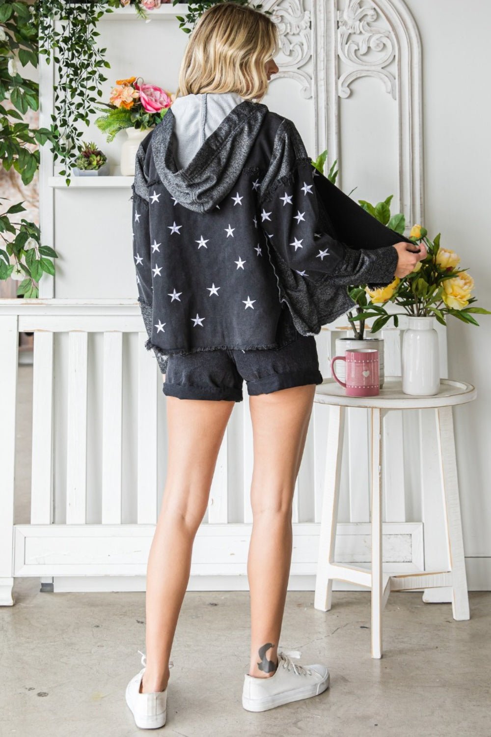 Veveret Star Embroidered Hooded Denim Jacket - S. M. & Co. Denim Jacket