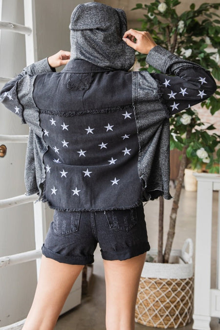 Veveret Star Embroidered Hooded Denim Jacket - S. M. & Co. Denim Jacket