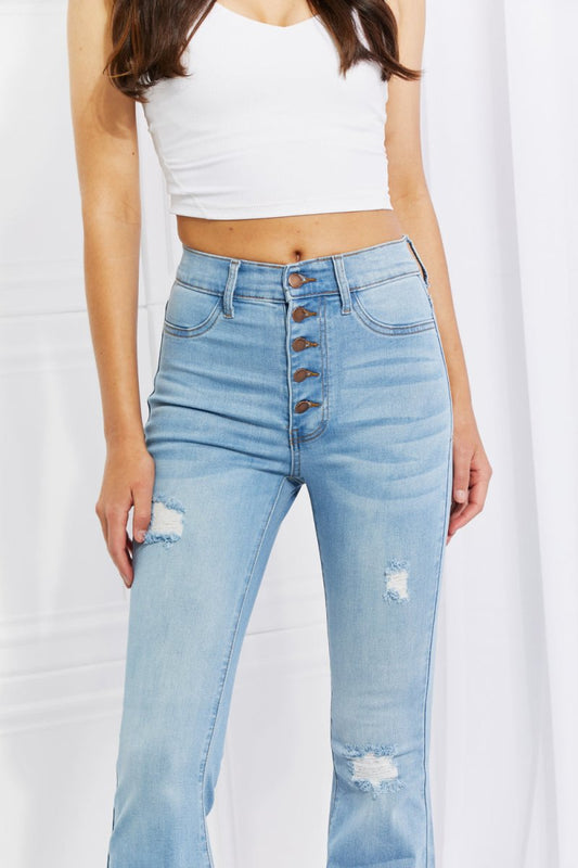 Vibrant MIU Full Size Jess Button Flare Jeans - S. M. & Co.