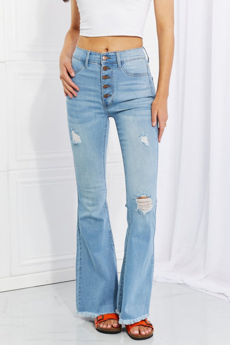 Vibrant MIU Full Size Jess Button Flare Jeans - S. M. & Co.